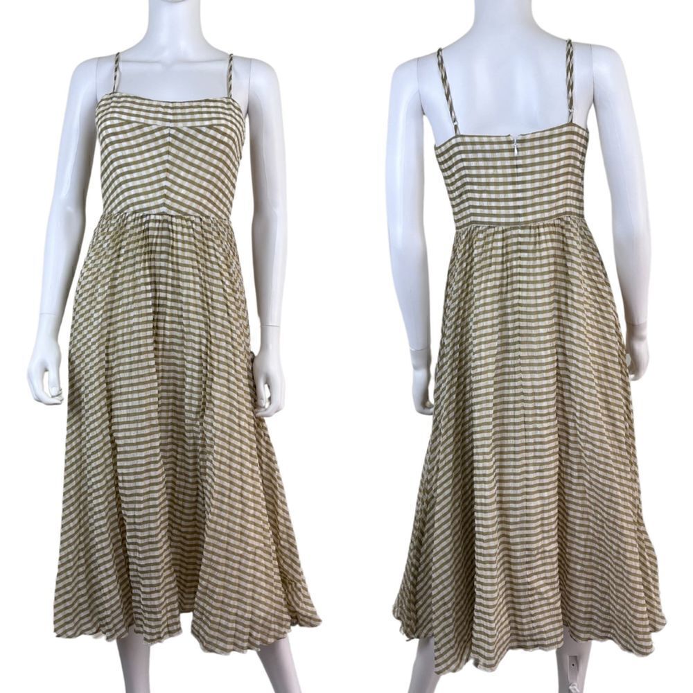 J Crew Elliott Size 4 Green Crinkle Gingham Pleated Gold Metallic Midi Dress